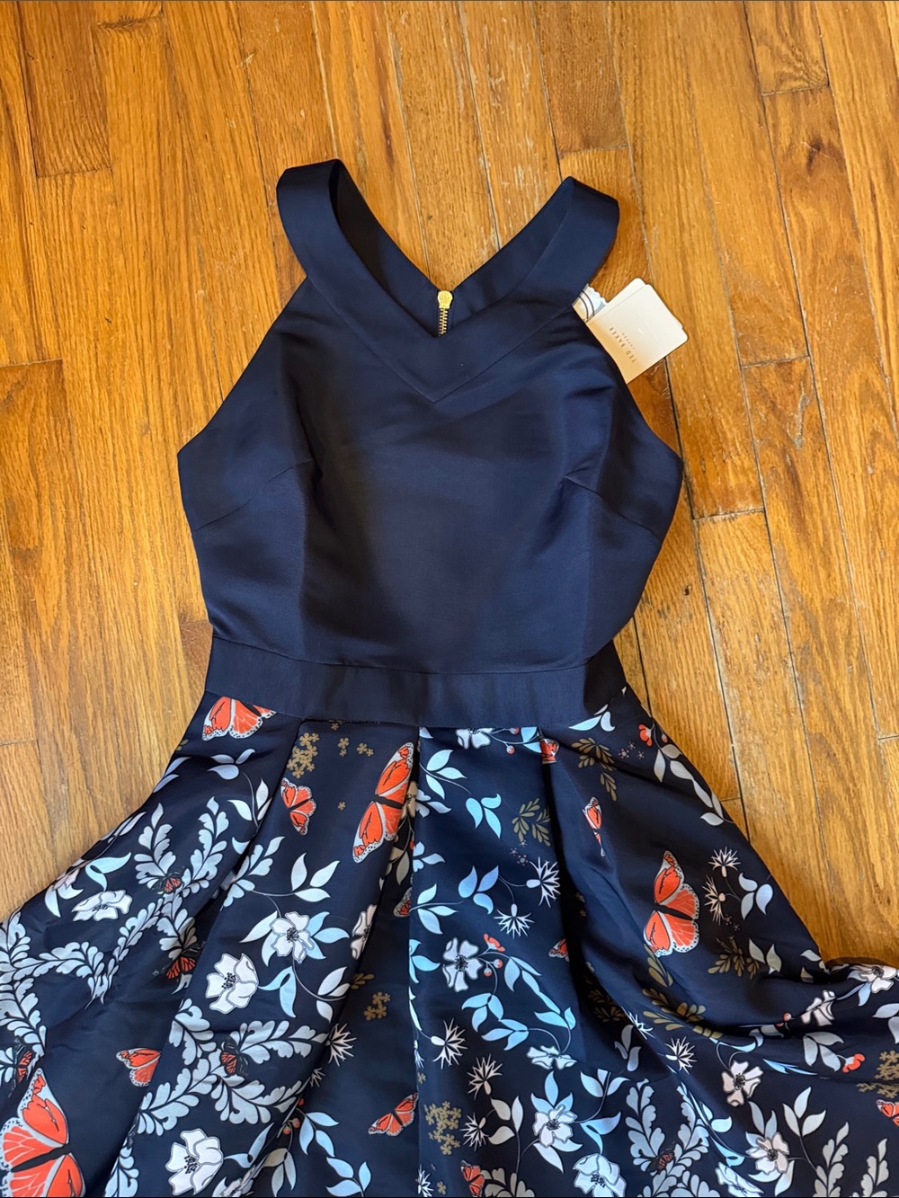 Ted Baker Navy Floral Fit-and-Flare Dress with Butterfly Print and pockets! - Picture 7 of 7